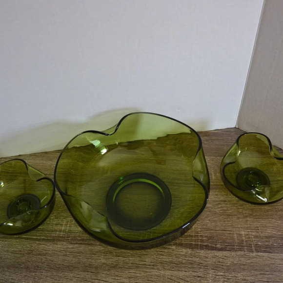 Olive Green Console Bowl with Matching Candle  Holders - Picture 3 of 7